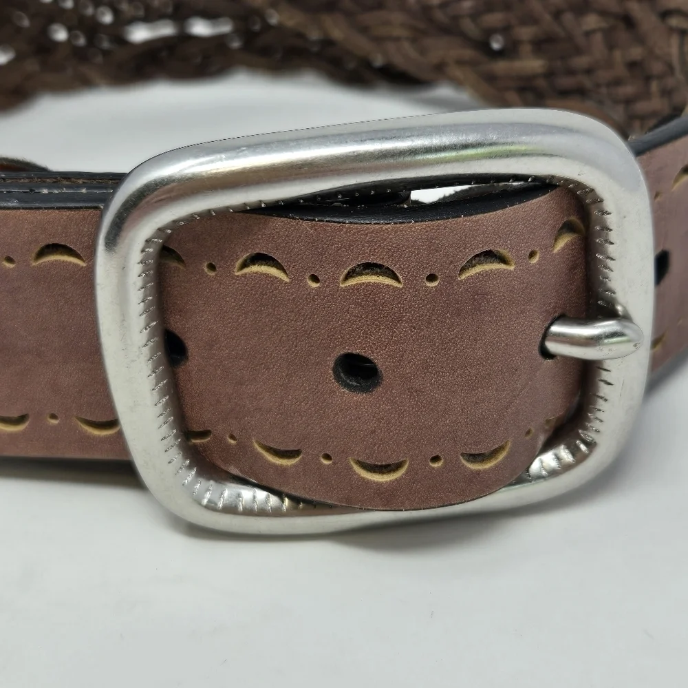 VINTAGE LUCKY BRAND BROWN TAN WOVEN LEATHER BELT OVERSIZE SILVER BUCKLE WOMEN L